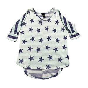 Rue 21 Stars & Stripes 3/4 Sleeve Shirt Women’s Sz S Lime Green Navy Hi Low Hem